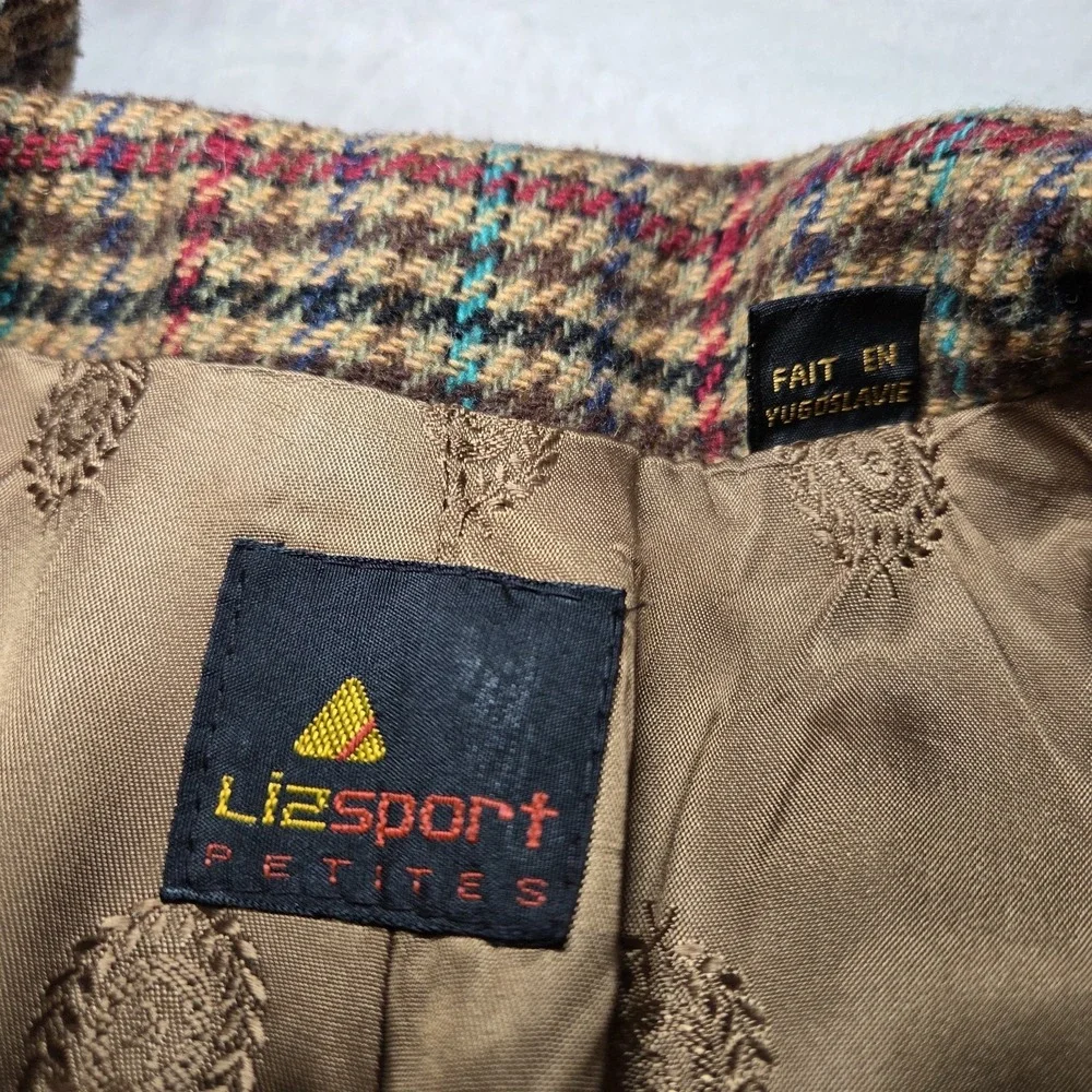 Vintage LizSport Petites Wool Blend Plaid Blazer Jacket Women's Size 8P Academia